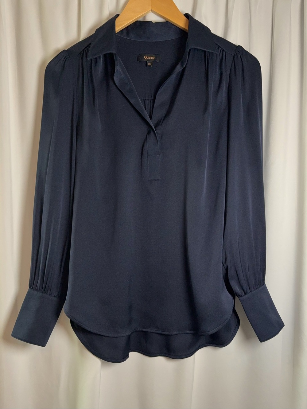 Quince Washable Stretch Silk Split Neck Blouse Navy Blue XS